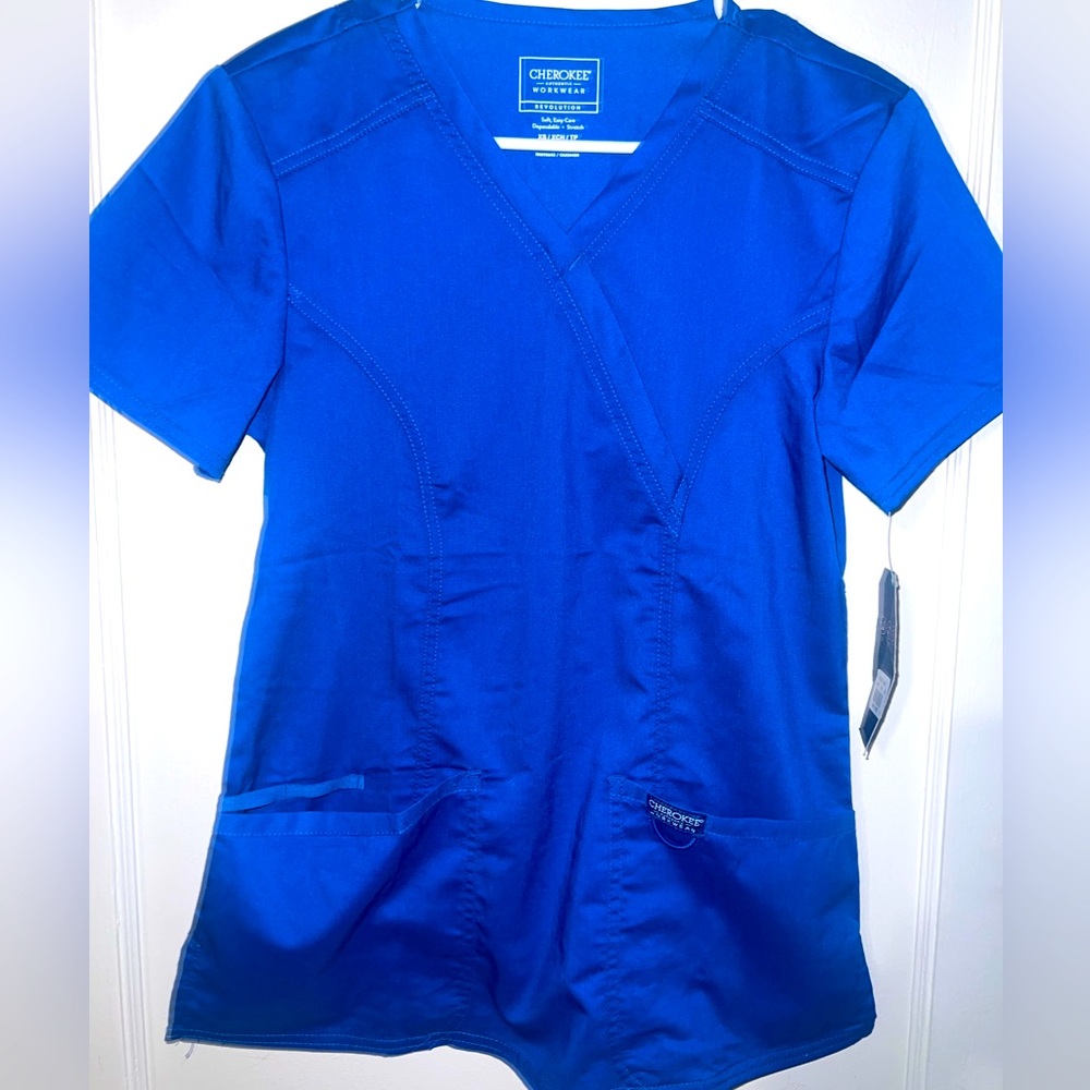 Women’s Scrub Top Shirt Cherokee Revolution, Back Princess Seams WW610 XS Royal
